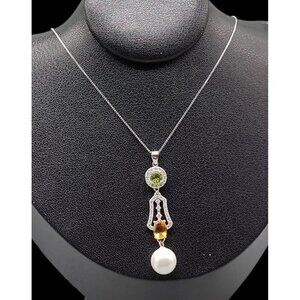 Sterling Silver Peridot Citrine CZ Dangling Pearl Pendant Necklace 18" 925 Chain